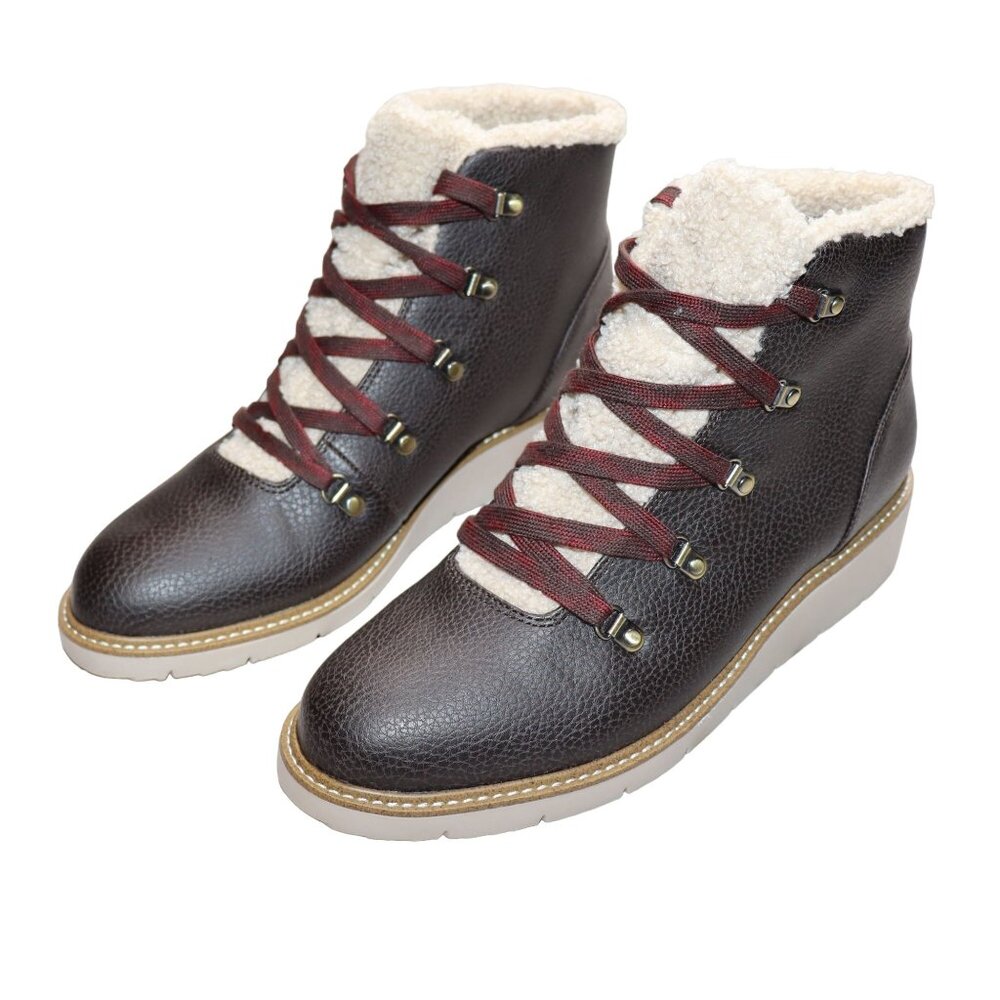 Dr.‎ Scholls Boots Size 9.5 Brown Leather Lace-up Sherpa Lined So Cozy Wedge NEW